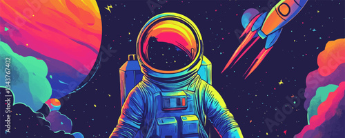 Colorful space exploration art featuring astronaut and rocket