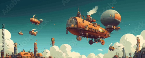 Steampunk airships in a vintage sky with industrial architecture
