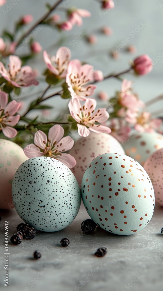 Fototapeta premium Pastel Colored Easter Eggs and Spring Flowers Arrangement on Soft Background