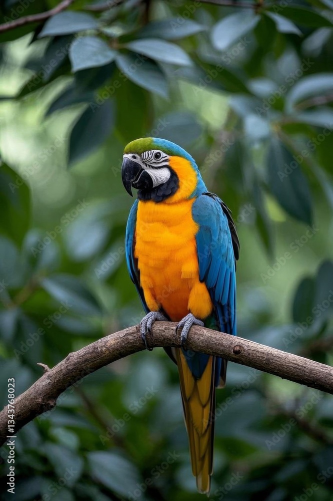 Fototapeta premium araffy blue and yellow parrot perched on a branch in a tree