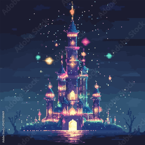 Mystical pixel art castle illuminated at night with floating lan
