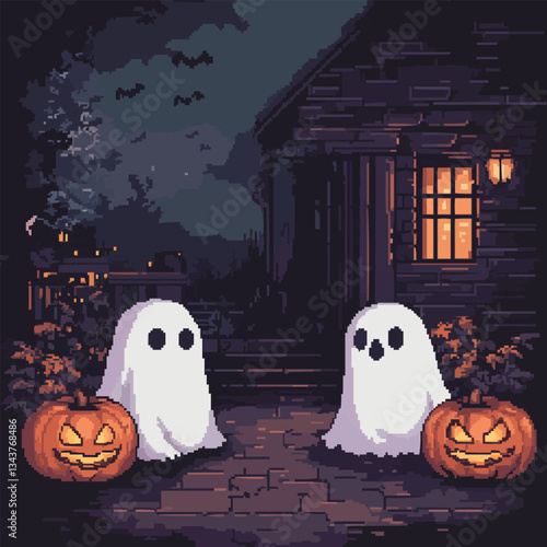 Pixel art: two ghosts with jack-o'-lanterns in spooky halloween