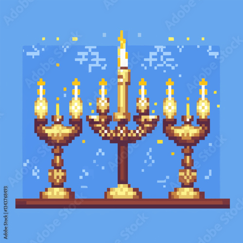 Pixel art golden candelabras with lit candles on blue background