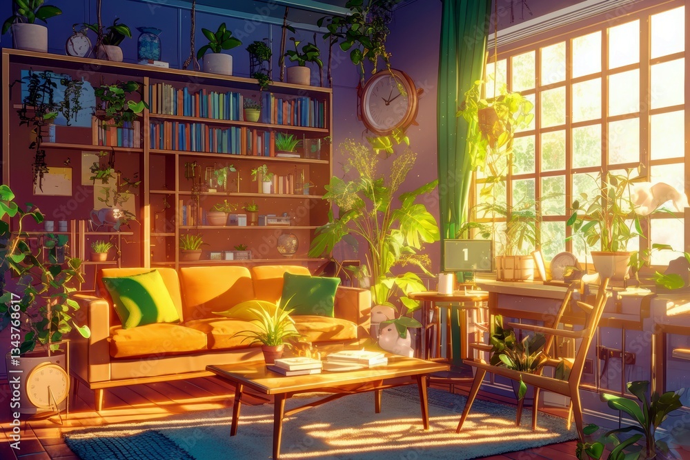 Fototapeta premium Cozy Indoor Living Space with Abundant Green Plants and Light