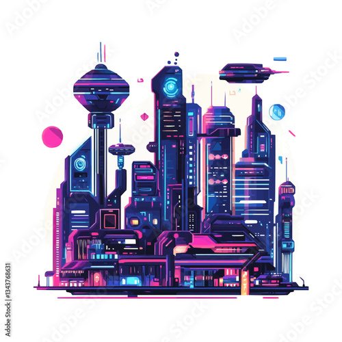 Futuristic neon cityscape with sleek skyscrapers and flying vehi