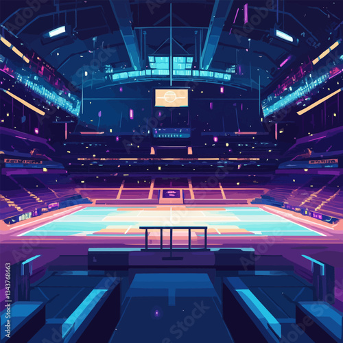 Futuristic neon-lit empty arena interior with vibrant lights and