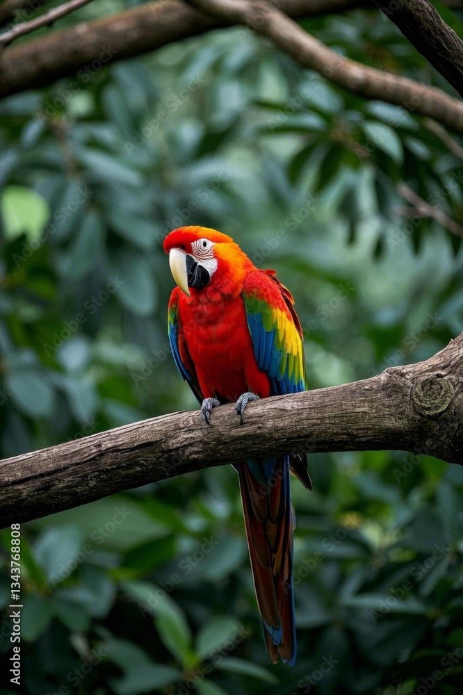 Obraz premium araffy red and yellow parrot perched on a branch in a forest