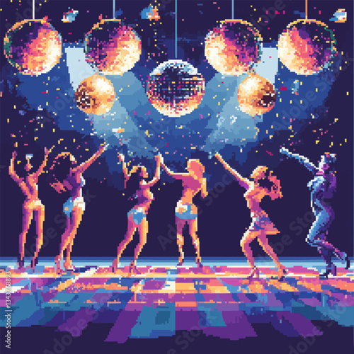 Vibrant dance party with disco balls in pixel art style