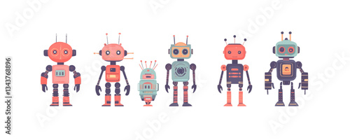 Colorful cartoon robots in a lineup with various designs and ant