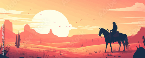Silhouette of cowboy on horse in desert landscape at sunset