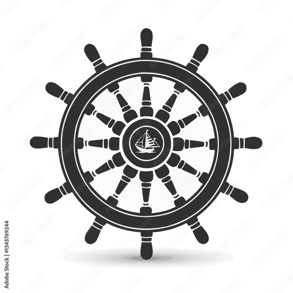 Obraz premium Vintage nautical ship steering wheel with sailboat design on whi