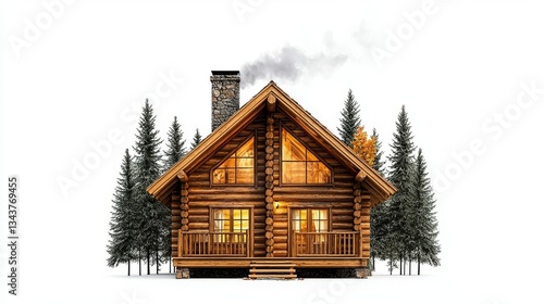 Cozy wooden cabin nestled in a snowy pine forest, emitting warm light from its windows on a cold winters night.