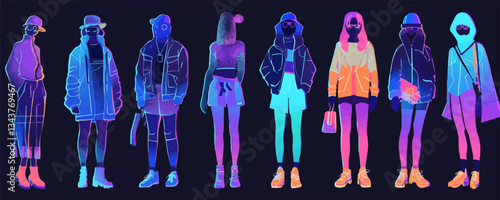 Colorful neon silhouettes of diverse young adults in trendy fash