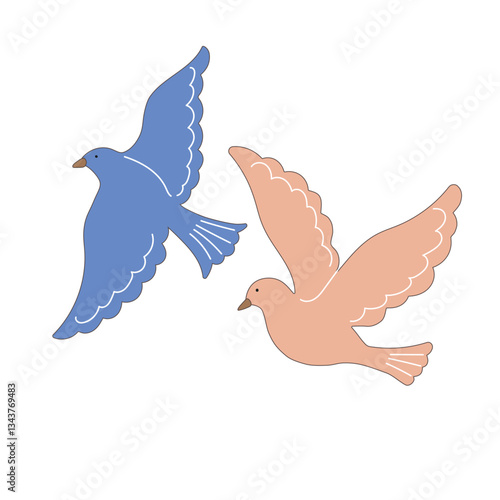 Two pigeons are flying. Pink and blue birds. Vector illustration in a flat style, isolated on a white background.