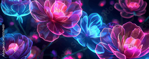 Vibrant neon flowers glowing with ethereal luminescence on dark