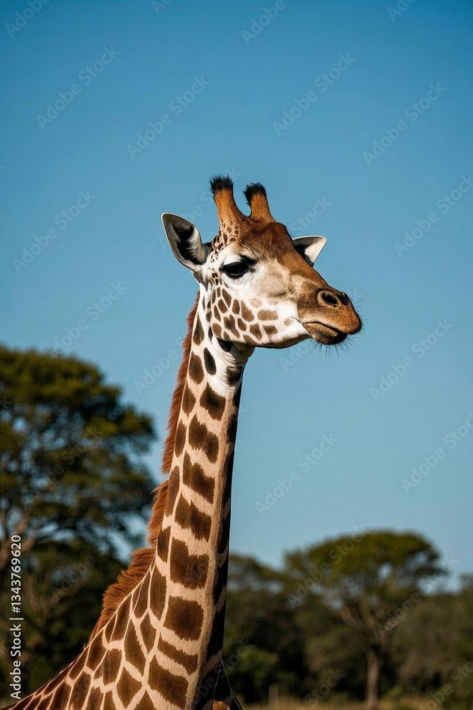 there is a giraffe standing in a field with trees in the background there is a giraffe standing in a field with trees in the background