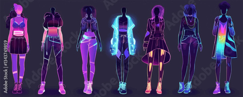 Neon silhouette outfits of six diverse women in futuristic fashi