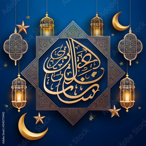 Elegant Eid Mubarak Calligraphy with Golden Islamic Patterns and Lanterns on Blue Background