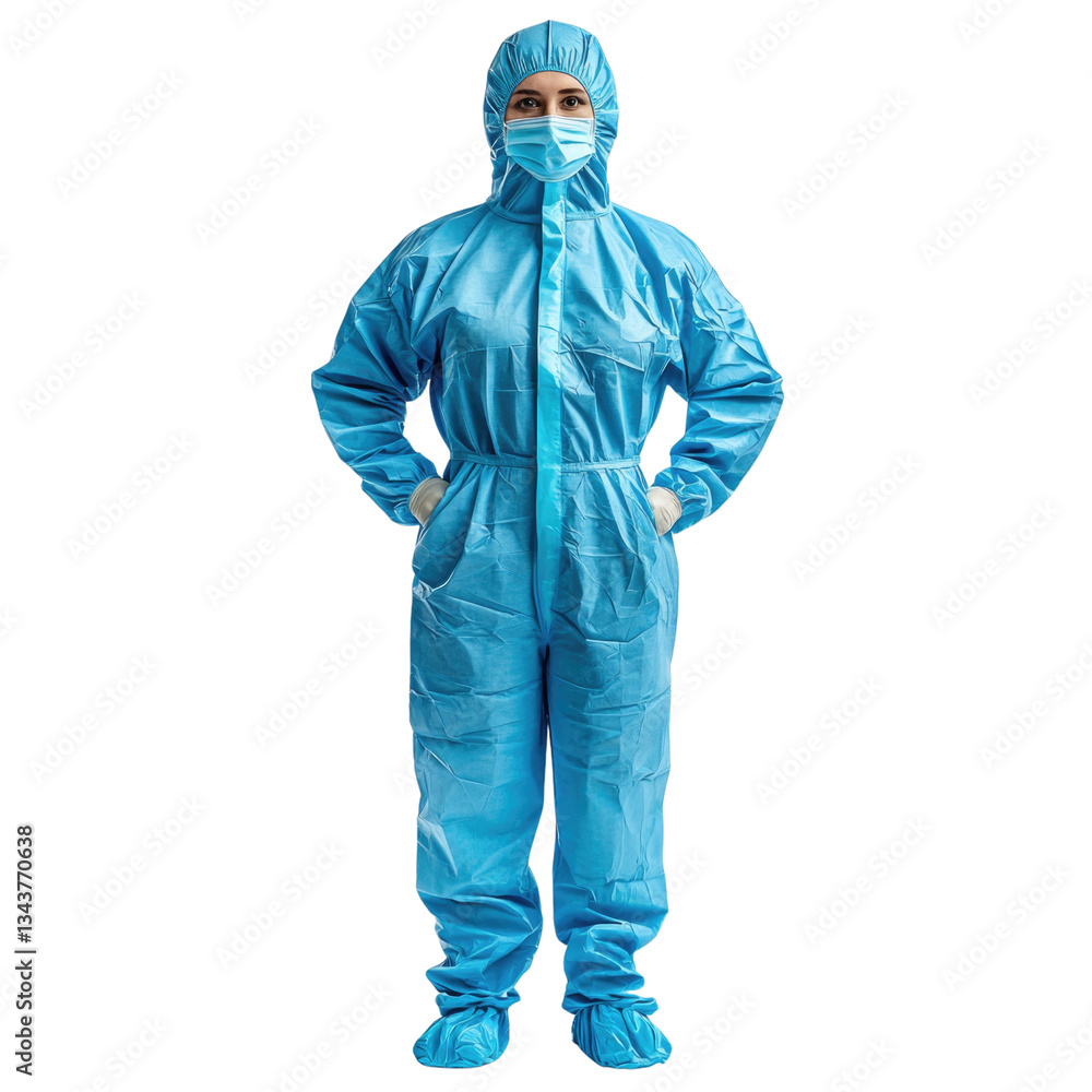 Medical professional wearing blue protective suit with hood and mask isolated on transparent background, cutout png Medical professional wearing blue protective suit with hood and mask isolated on transparent background, cutout png