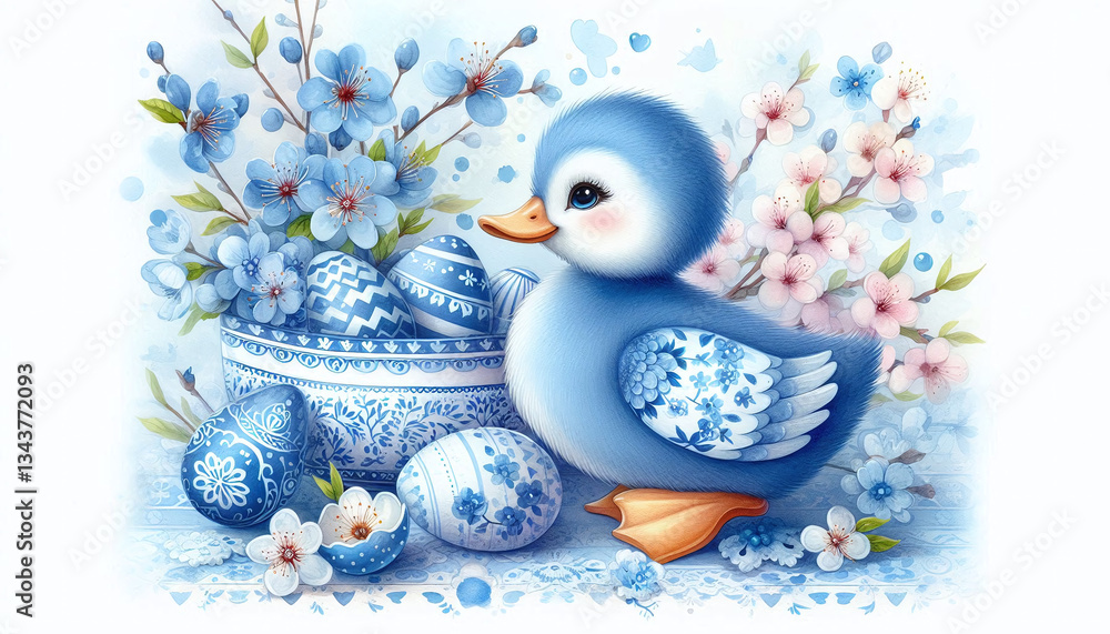 Adorable fluffy duckling with colorful Easter eggs in blue watercolor style isolated on white background. Sakura branches and katai bowl.