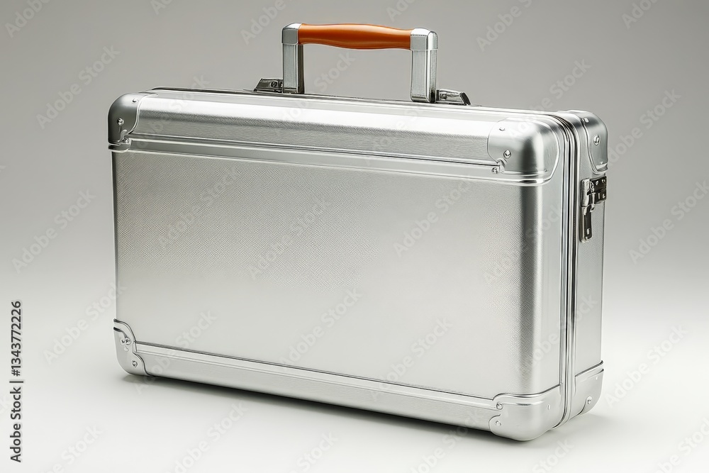 Metallic briefcase with wooden handle placed against plain background for storage and transport purposes Metallic briefcase with wooden handle placed against plain background for storage and transport purposes