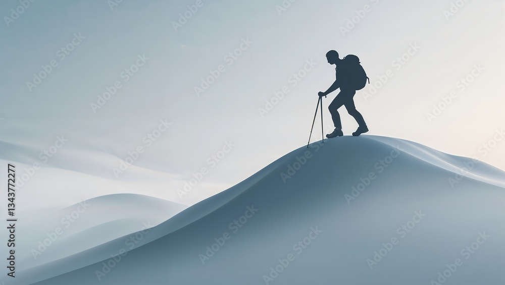 A person hikes up a snowy mountain, silhouetted against the soft light of early morning. The minimalist landscape enhances the sense of adventure and tranquility in nature A person hikes up a snowy mountain, silhouetted against the soft light of early morning. The minimalist landscape enhances the sense of adventure and tranquility in nature