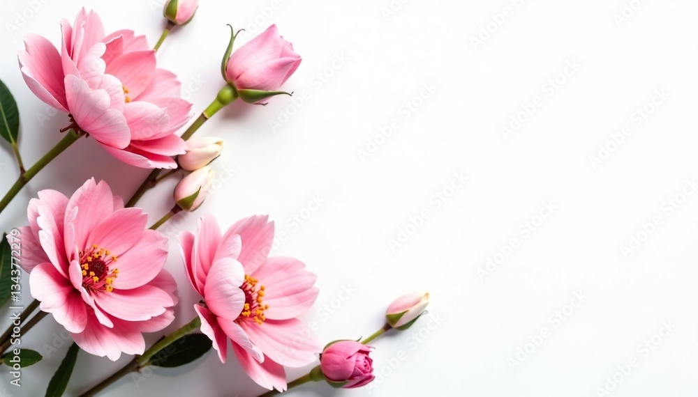 Delicate floral arrangement on stark white background , elegant, romantic, soft Delicate floral arrangement on stark white background , elegant, romantic, soft