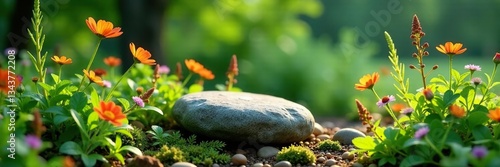 Delicate ferns and wildflowers surround a small stone, flowers, plants