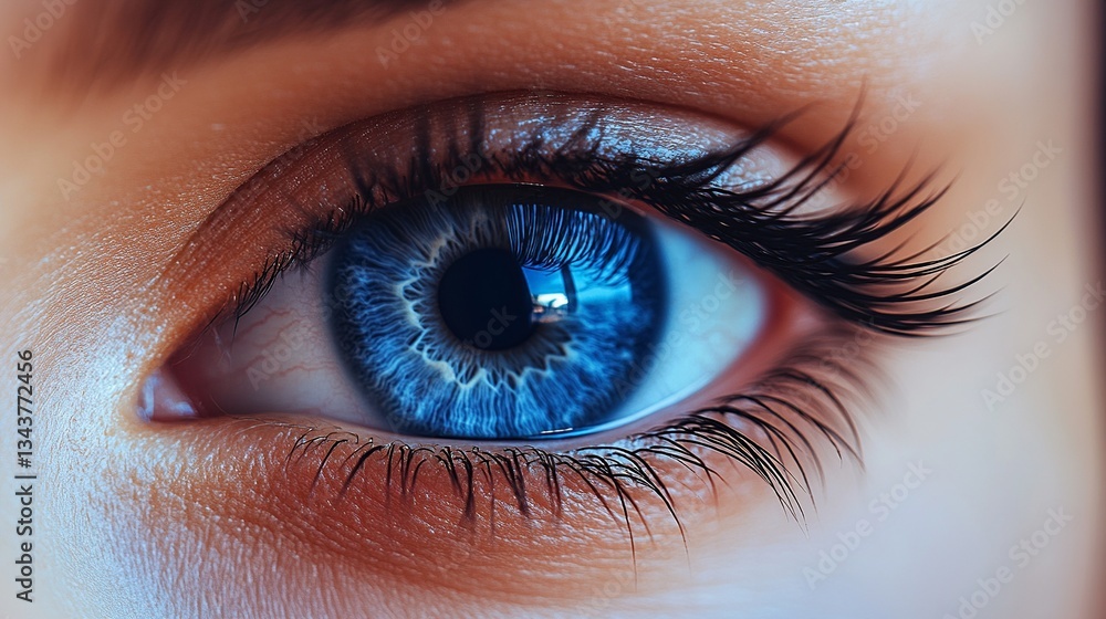 Striking close-up of a captivating blue eye with prominent lashes, showcasing intricate details and vibrant color in a mesmerizing human gaze. Striking close-up of a captivating blue eye with prominent lashes, showcasing intricate details and vibrant color in a mesmerizing human gaze.