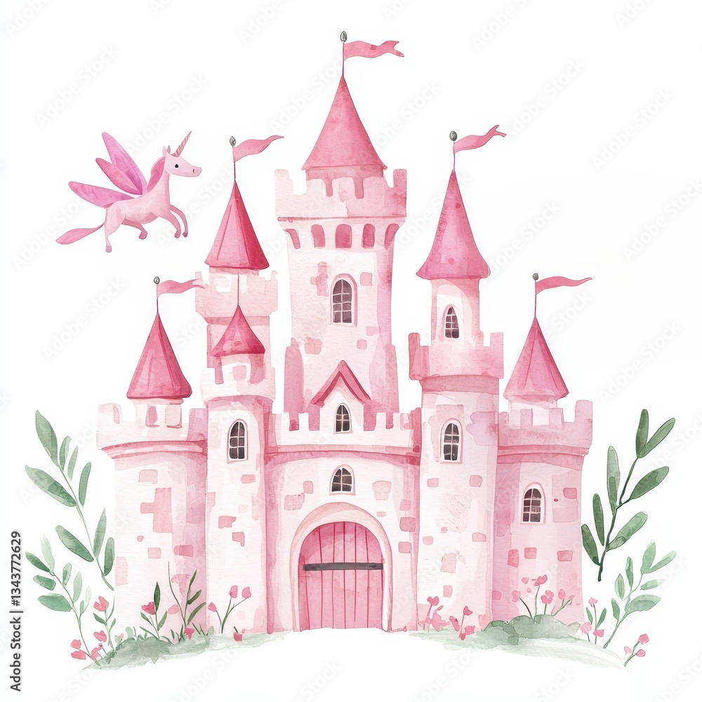 Fototapeta premium Watercolor Pink Castle Illustration with Flying Unicorn Fairytale Fantasy Children s Storybook Art
