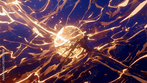 Abstract visualization of energy swirling in vibrant hues of orange and blue, creating a dynamic and captivating cosmic landscape in motion.