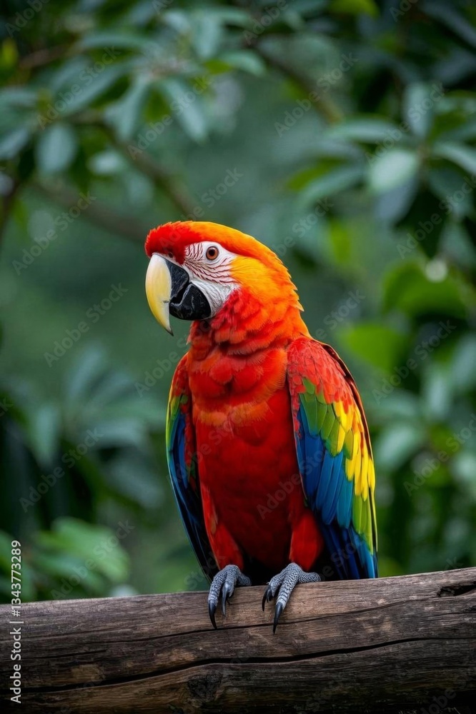 brightly colored parrot perched on a branch in a tropical forest brightly colored parrot perched on a branch in a tropical forest