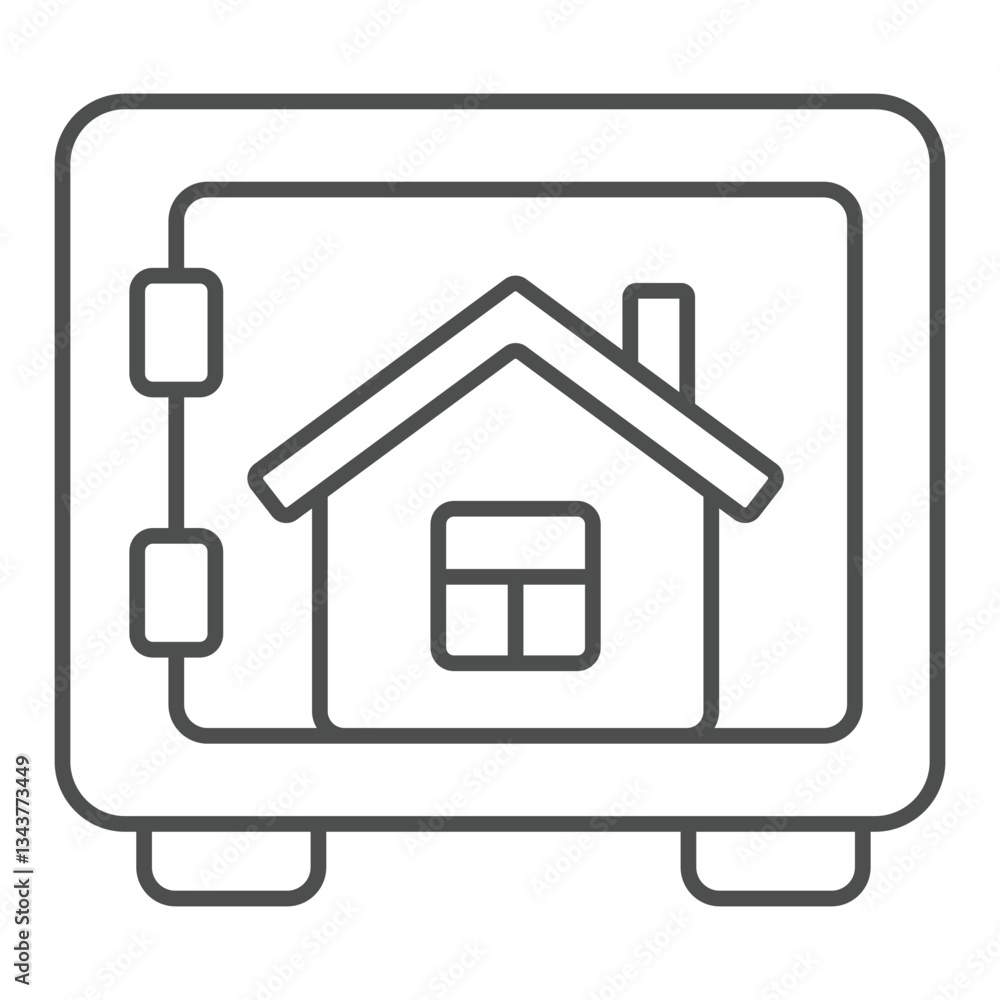 Safe with house inside thin line icon, housing market concept. Vector graphics. Secure bank deposit box for building sign on white background, outline style icon for mobile or web design. Safe with house inside thin line icon, housing market concept. Vector graphics. Secure bank deposit box for building sign on white background, outline style icon for mobile or web design.