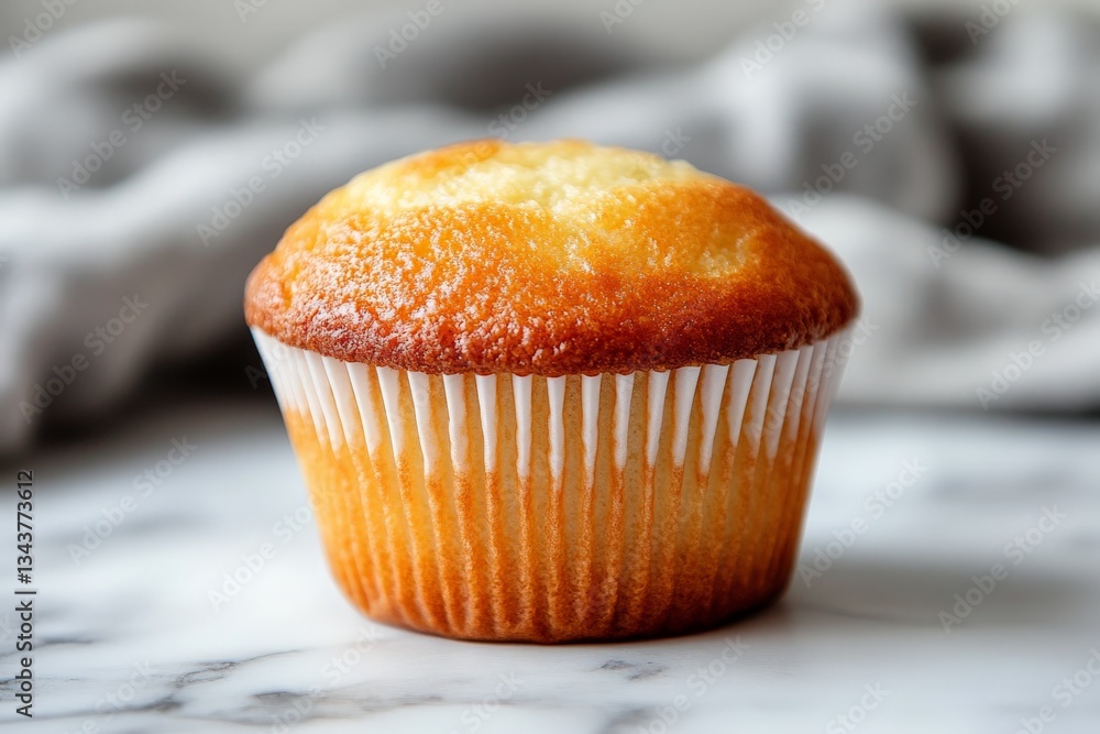 Delicious golden muffin on a marble countertop with a soft cloth in the background Delicious golden muffin on a marble countertop with a soft cloth in the background