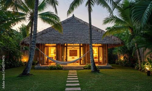 Tropical Beachfront Bungalow with Hammock at Sunset

