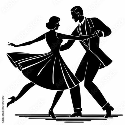 Vector image of elegant dancing couple in motion, black and white silhouette, classical dance style, grace and plasticity