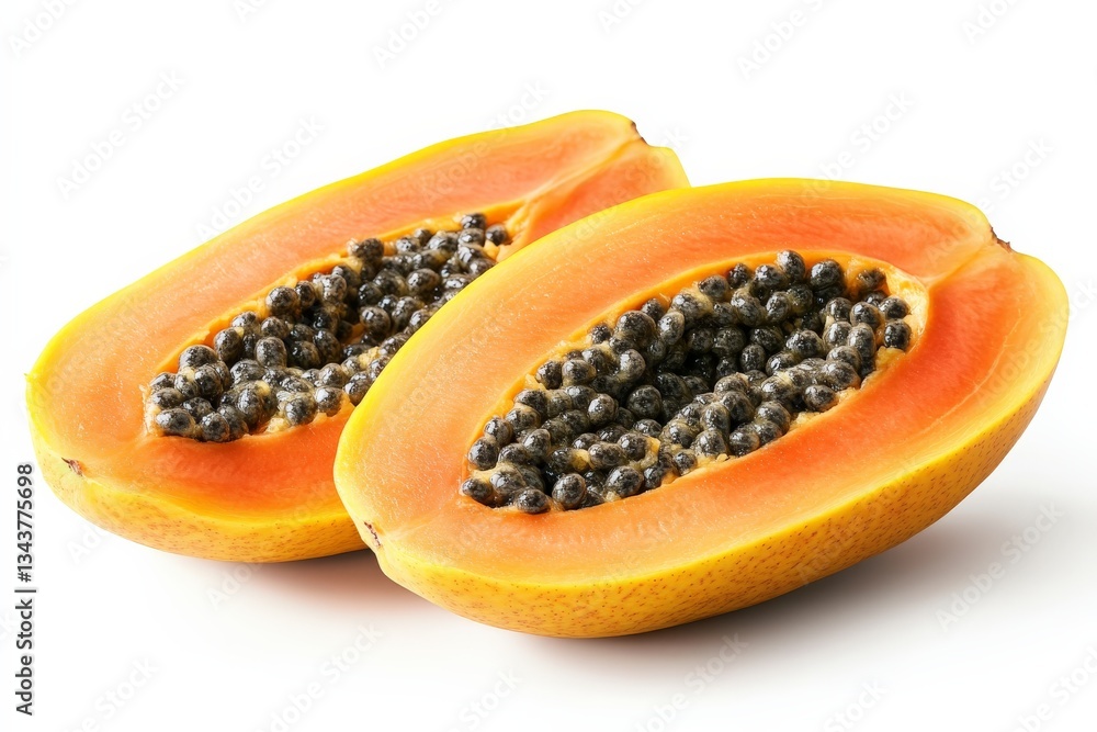 Sliced ripe papaya displaying vibrant orange flesh and black seeds on a plain background Sliced ripe papaya displaying vibrant orange flesh and black seeds on a plain background