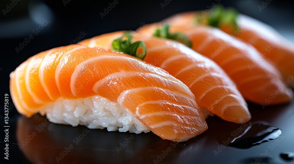 A classic salmon nigiri sushi, showcasing a fresh slice of raw salmon atop seasoned sushi rice, displayed against a reflective black surface for a sophisticated culinary presentation A classic salmon nigiri sushi, showcasing a fresh slice of raw salmon atop seasoned sushi rice, displayed against a reflective black surface for a sophisticated culinary presentation