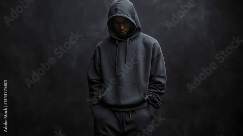 A man in a black hoodie is standing in front of a dark background