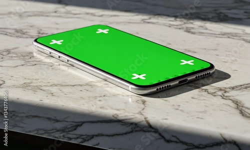 Smartphone mockup with a green screen on a marble table, perfect for showcasing mobile app designs or brand promotions.