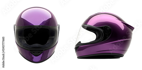 Purple Motorcycle Helmet Displayed from Front and Side Angles, Dual-Angle View of Sleek Purple Motorcycle Helmet