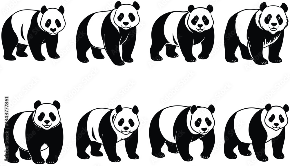 Obraz premium Panda silhouette vector set isolated on white background