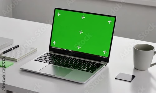 Modern Laptop on White Desk with Green Screen

