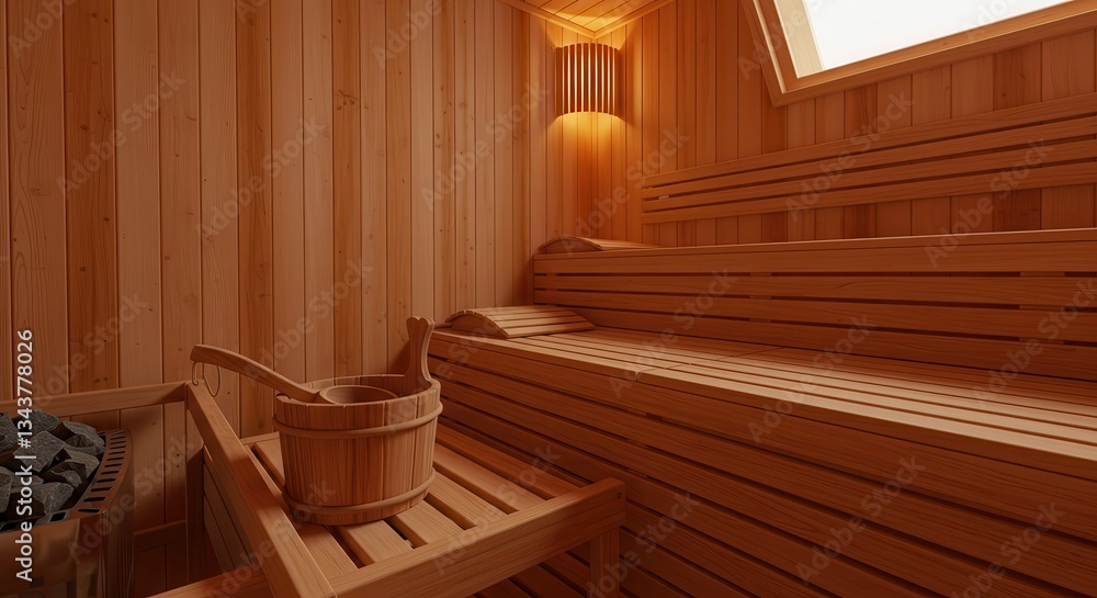 Relaxing Wooden Sauna Interior with Bucket and Heated Rocks for Spa Relaxing Wooden Sauna Interior with Bucket and Heated Rocks for Spa