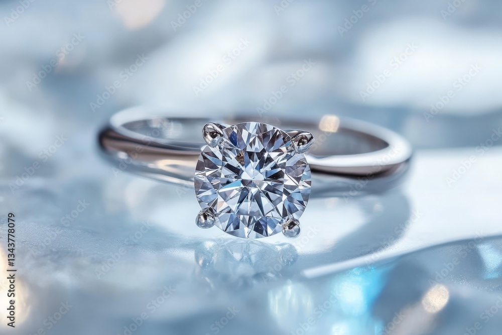 Sparkling diamond engagement ring set on icy blue background with shimmering reflections Sparkling diamond engagement ring set on icy blue background with shimmering reflections
