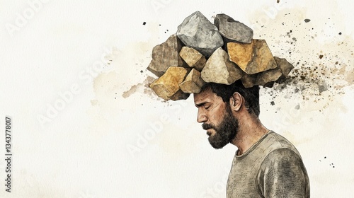 A man with a thoughtful expression has a pile of rocks above his head, symbolizing burdens or heavy thoughts in an artistic, surreal style.
