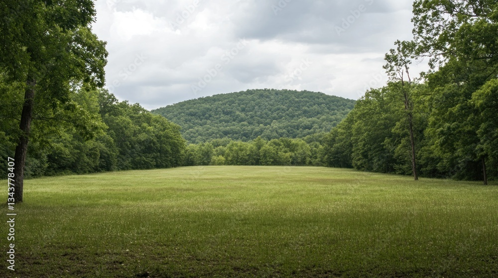 Obraz premium A serene landscape featuring a grassy field surrounded by trees and a distant hill under cloudy skies.