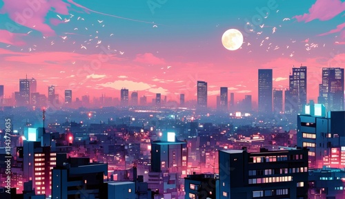 Vibrant Urban Skyline at Dusk with Full Moon and Colorful Sunset Over the Cityscape Filled with Modern Buildings and Sky Reflections