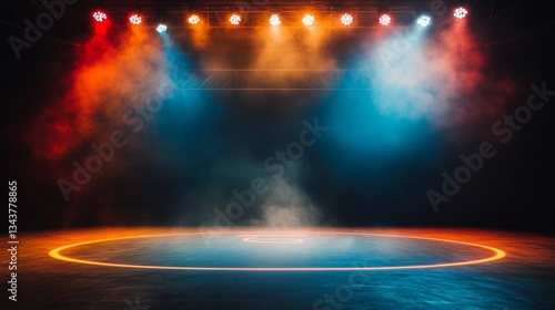 Dynamic illuminated sports arena with circular design and vibrant stage lighting