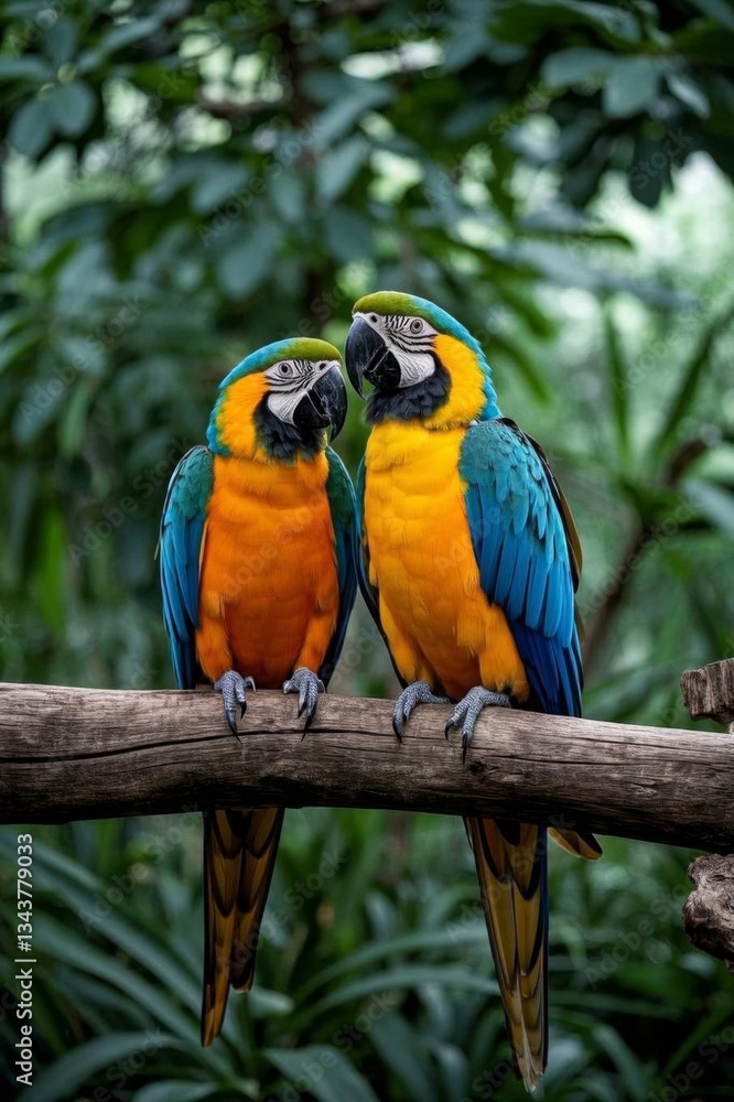 Obraz premium two colorful birds sitting on a branch in a tropical forest